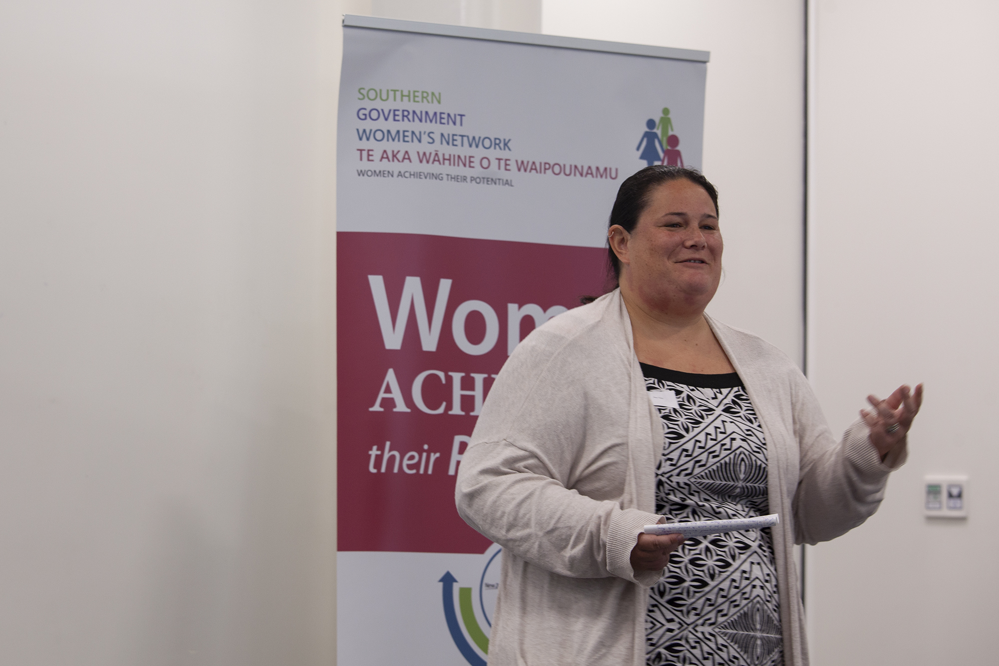 Speaker Alex Tino tells breakfast attendees about her experiences as a Pasifika woman